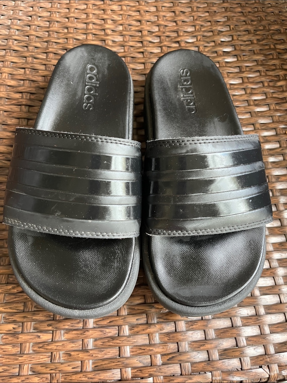 adidas Black Men’s Slide Sandals with Glossy Three-Stripes